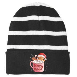 Funny Merry And Bright Christmas Gingerbread Man Hot Cocoa Striped Beanie with Solid Band