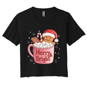 Funny Merry And Bright Christmas Gingerbread Man Hot Cocoa Women's Crop Top Tee