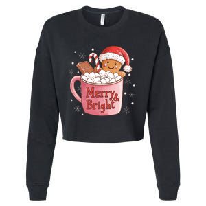 Funny Merry And Bright Christmas Gingerbread Man Hot Cocoa Cropped Pullover Crew