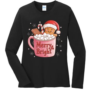 Funny Merry And Bright Christmas Gingerbread Man Hot Cocoa Ladies Long Sleeve Shirt