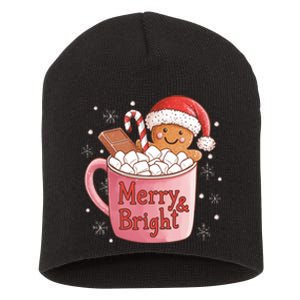 Funny Merry And Bright Christmas Gingerbread Man Hot Cocoa Short Acrylic Beanie