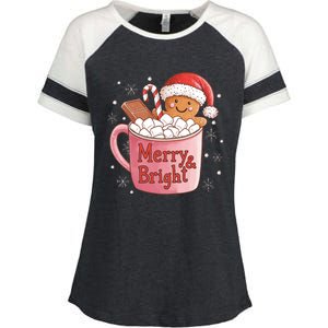 Funny Merry And Bright Christmas Gingerbread Man Hot Cocoa Enza Ladies Jersey Colorblock Tee