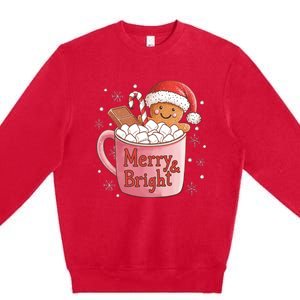 Funny Merry And Bright Christmas Gingerbread Man Hot Cocoa Premium Crewneck Sweatshirt