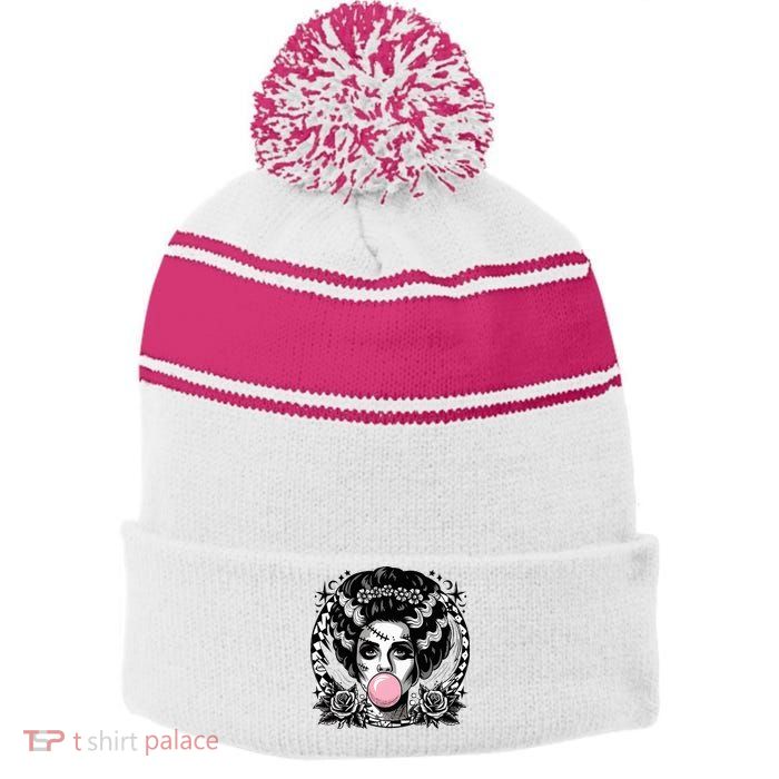 Frankenstein Monster And Bride B.U.B.B.L.E G.U.M Funny Halloween Stripe Pom Pom Beanie