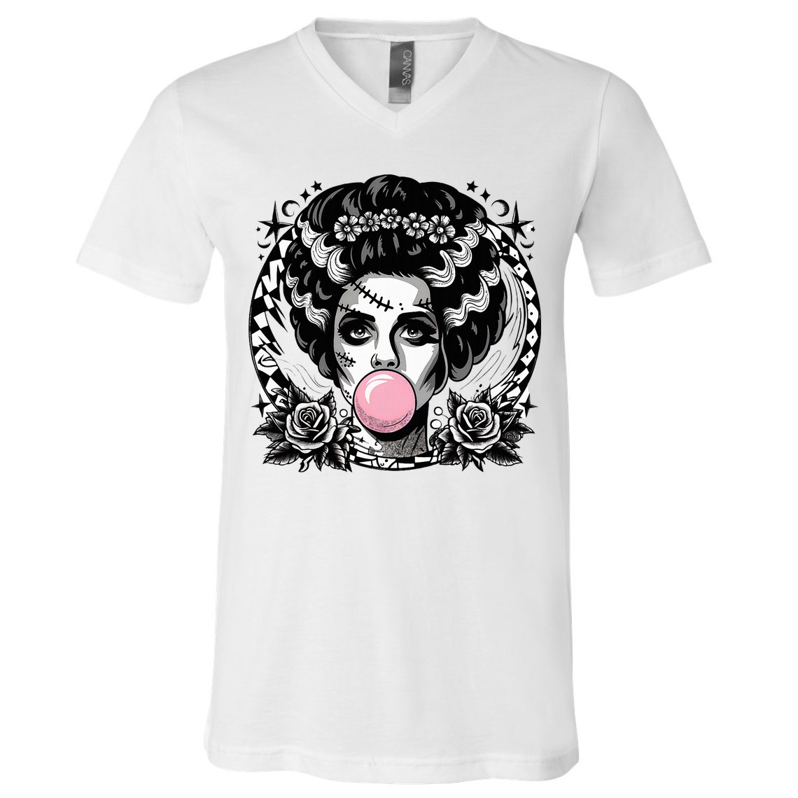 Frankenstein Monster And Bride B.U.B.B.L.E G.U.M Funny Halloween V-Neck T-Shirt