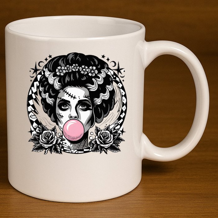 Frankenstein Monster And Bride B.U.B.B.L.E G.U.M Funny Halloween 11oz C Handle Ceramic Mug