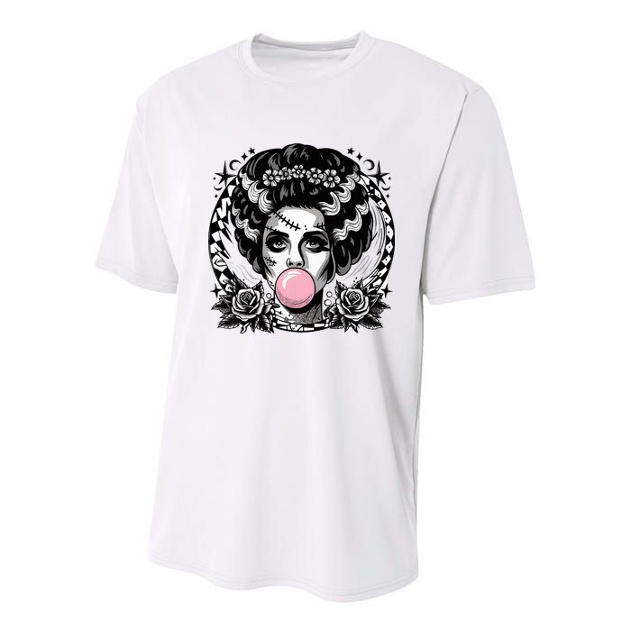 Frankenstein Monster And Bride B.U.B.B.L.E G.U.M Funny Halloween Youth Performance Sprint T-Shirt
