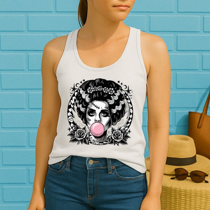 Frankenstein Monster And Bride B.U.B.B.L.E G.U.M Funny Halloween Womens Tank Top