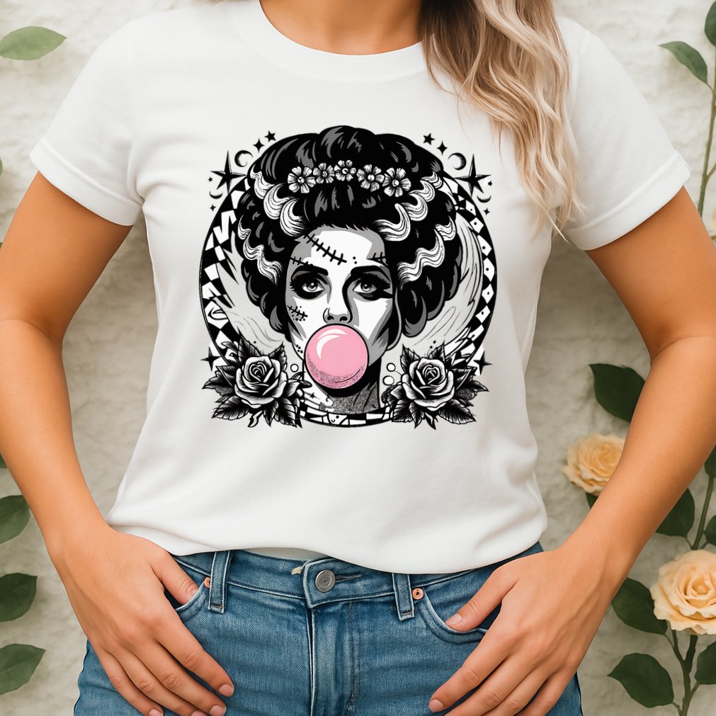 Frankenstein Monster And Bride B.U.B.B.L.E G.U.M Funny Halloween Womens T-Shirt