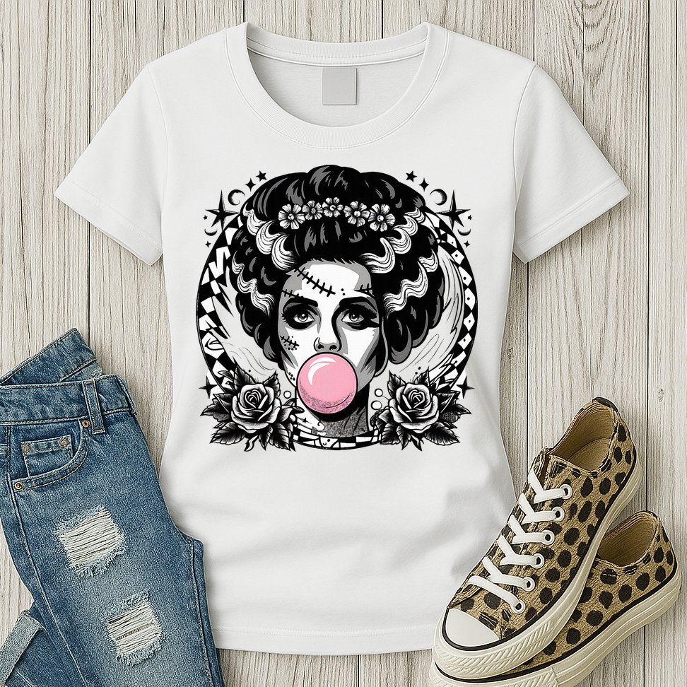 Frankenstein Monster And Bride B.U.B.B.L.E G.U.M Funny Halloween Womens T-Shirt
