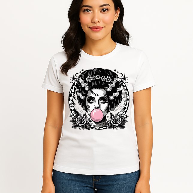 Frankenstein Monster And Bride B.U.B.B.L.E G.U.M Funny Halloween Womens T-Shirt