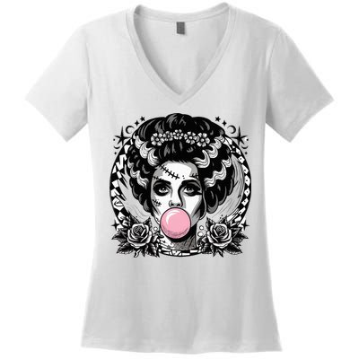 Frankenstein Monster And Bride B.U.B.B.L.E G.U.M Funny Halloween Women's V-Neck T-Shirt