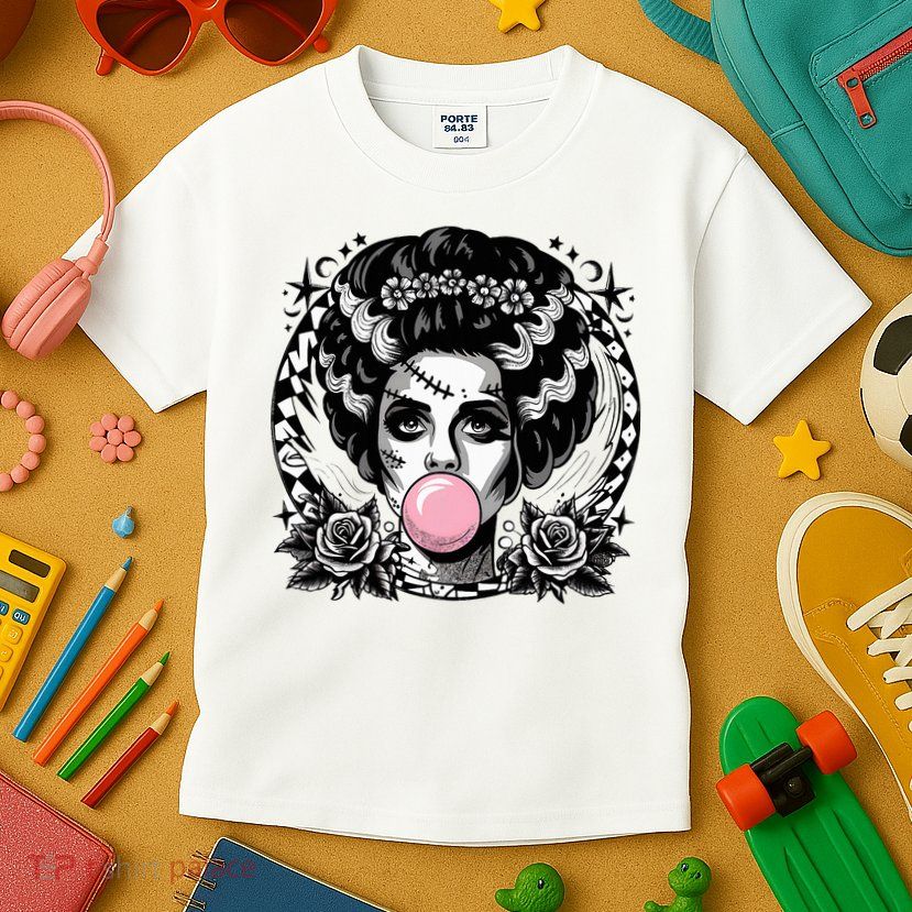 Frankenstein Monster And Bride B.U.B.B.L.E G.U.M Funny Halloween Kids T-Shirt
