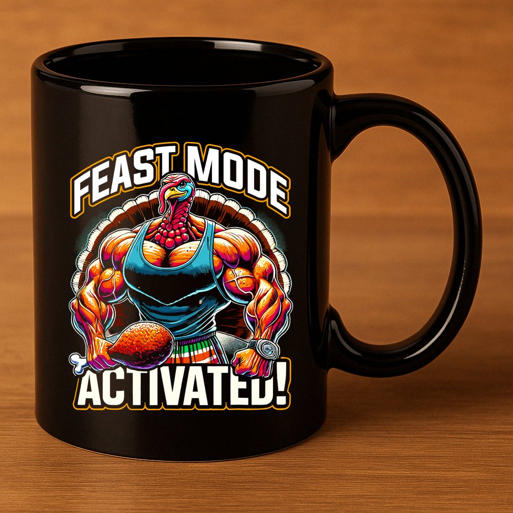 Feast Mode Activated – Funny Thanksgiving Muscle Turkey 11oz C Handle Ceramic Mug