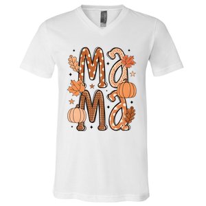 Fall Mama Autumn Leaves Pumpkin V-Neck T-Shirt