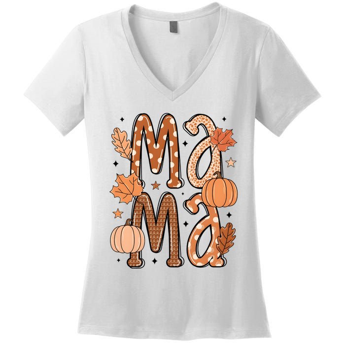 Fall Mama Autumn Leaves Pumpkin Women's V-Neck T-Shirt