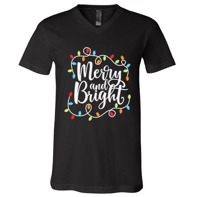 Funny Merry and Bright Christmas Lights Xmas Holiday V-Neck T-Shirt