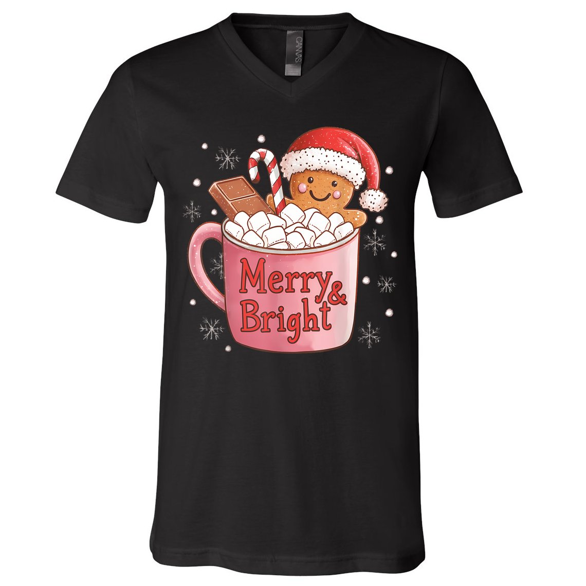 Funny Merry And Bright Christmas Gingerbread Man Hot Cocoa V-Neck T-Shirt