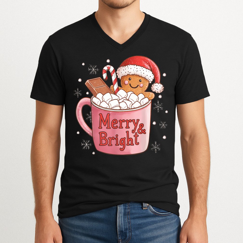 Funny Merry And Bright Christmas Gingerbread Man Hot Cocoa V-Neck T-Shirt