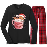 Funny Merry And Bright Christmas Gingerbread Man Hot Cocoa Women's Long Sleeve Flannel Pajama Set 