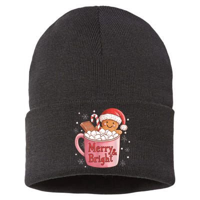 Funny Merry And Bright Christmas Gingerbread Man Hot Cocoa Sustainable Knit Beanie