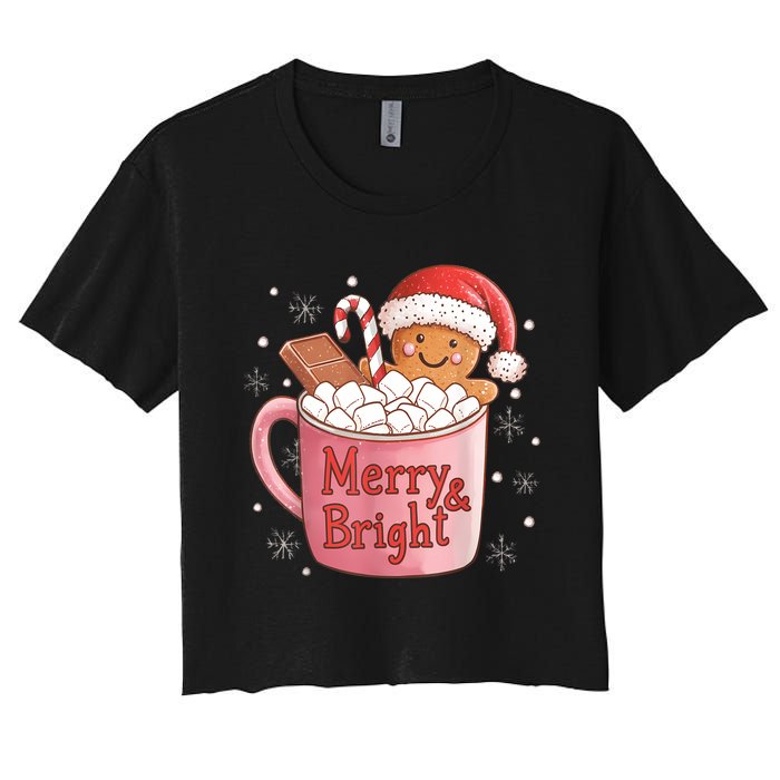 Funny Merry And Bright Christmas Gingerbread Man Hot Cocoa Women's Crop Top Tee