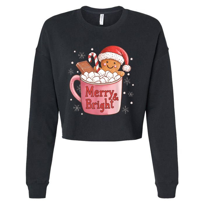 Funny Merry And Bright Christmas Gingerbread Man Hot Cocoa Cropped Pullover Crew