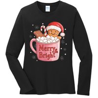 Funny Merry And Bright Christmas Gingerbread Man Hot Cocoa Ladies Long Sleeve Shirt