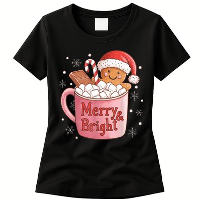 Funny Merry And Bright Christmas Gingerbread Man Hot Cocoa Womens T-Shirt