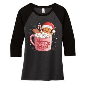 Funny Merry And Bright Christmas Gingerbread Man Hot Cocoa Women's Tri-Blend 3/4-Sleeve Raglan Shirt