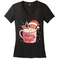 Funny Merry And Bright Christmas Gingerbread Man Hot Cocoa Women's V-Neck T-Shirt