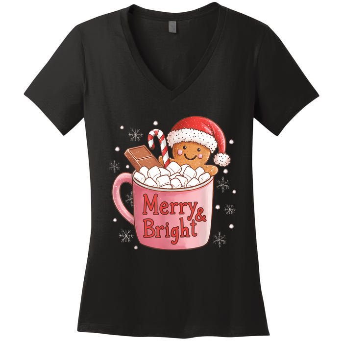 Funny Merry And Bright Christmas Gingerbread Man Hot Cocoa Women's V-Neck T-Shirt