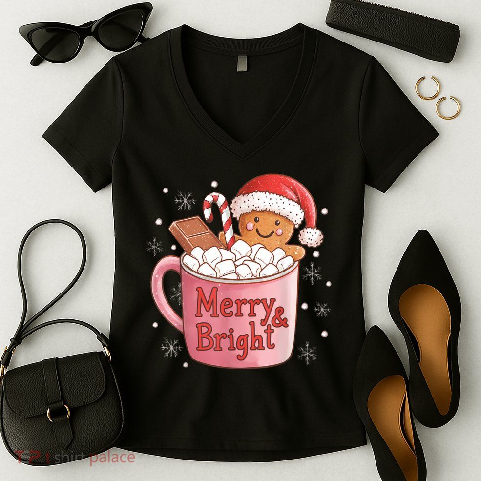 Funny Merry And Bright Christmas Gingerbread Man Hot Cocoa Women's V-Neck T-Shirt