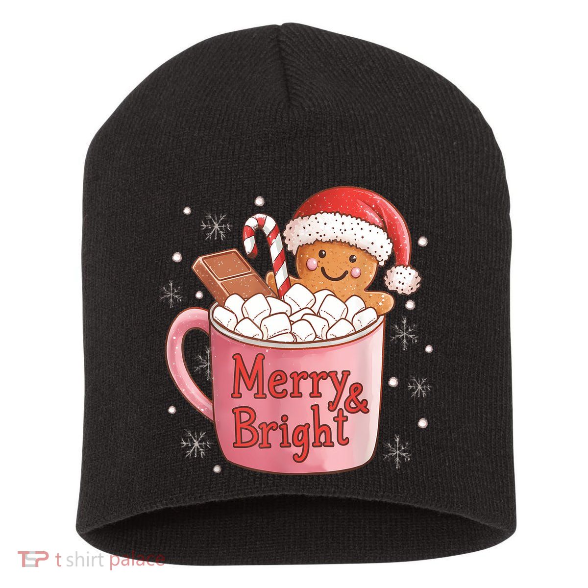 Funny Merry And Bright Christmas Gingerbread Man Hot Cocoa Short Acrylic Beanie