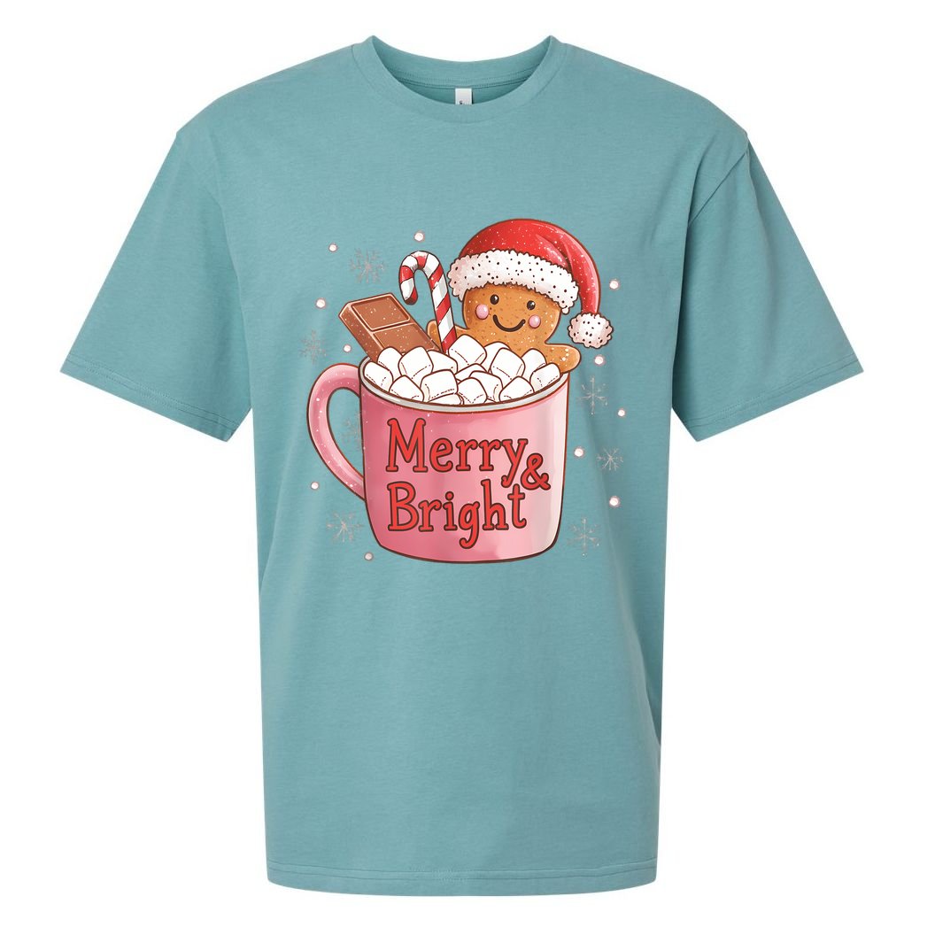 Funny Merry And Bright Christmas Gingerbread Man Hot Cocoa Sueded Cloud Jersey T-Shirt