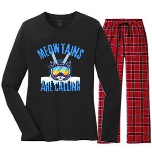 Funny Meowtains Are Calling Gift For Skier Women's Long Sleeve Flannel Pajama Set 