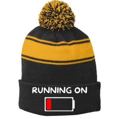 Funny marathon art Running low on battery empty Stripe Pom Pom Beanie