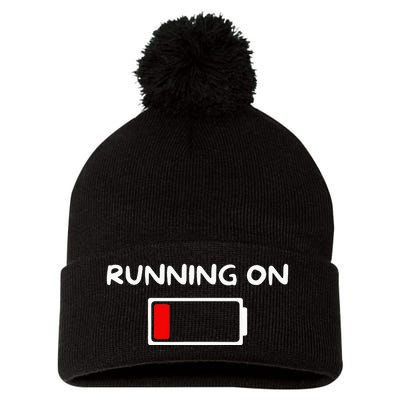 Funny marathon art Running low on battery empty Pom Pom 12in Knit Beanie