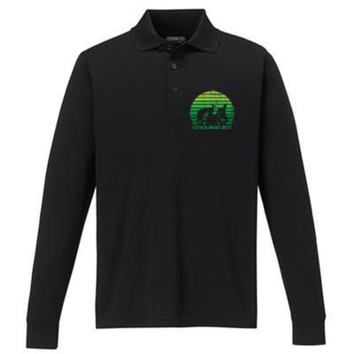 Father Mows Best Lawn Care Dad Mowing Gardener Performance Long Sleeve Polo