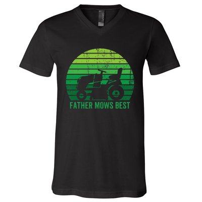 Father Mows Best Lawn Care Dad Mowing Gardener V-Neck T-Shirt