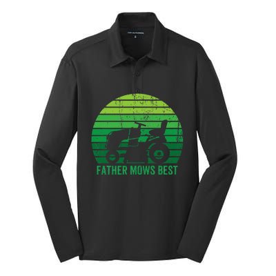 Father Mows Best Lawn Care Dad Mowing Gardener Silk Touch Performance Long Sleeve Polo