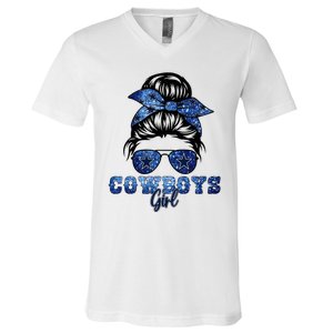 Funny Messy Bun Cowboys Girl Sport Fan V-Neck T-Shirt