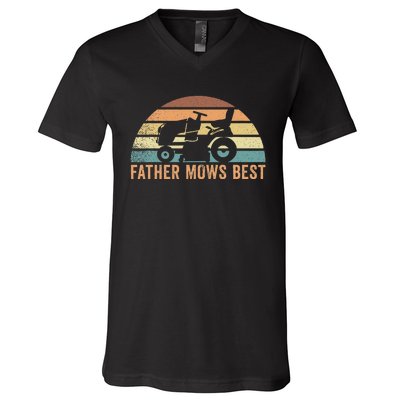 Father Mows Best Lawn Care Dad Mowing Gardener V-Neck T-Shirt