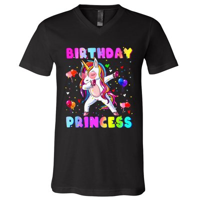 Family Matching Birthday Princess Girl Dabbing Unicorn V-Neck T-Shirt