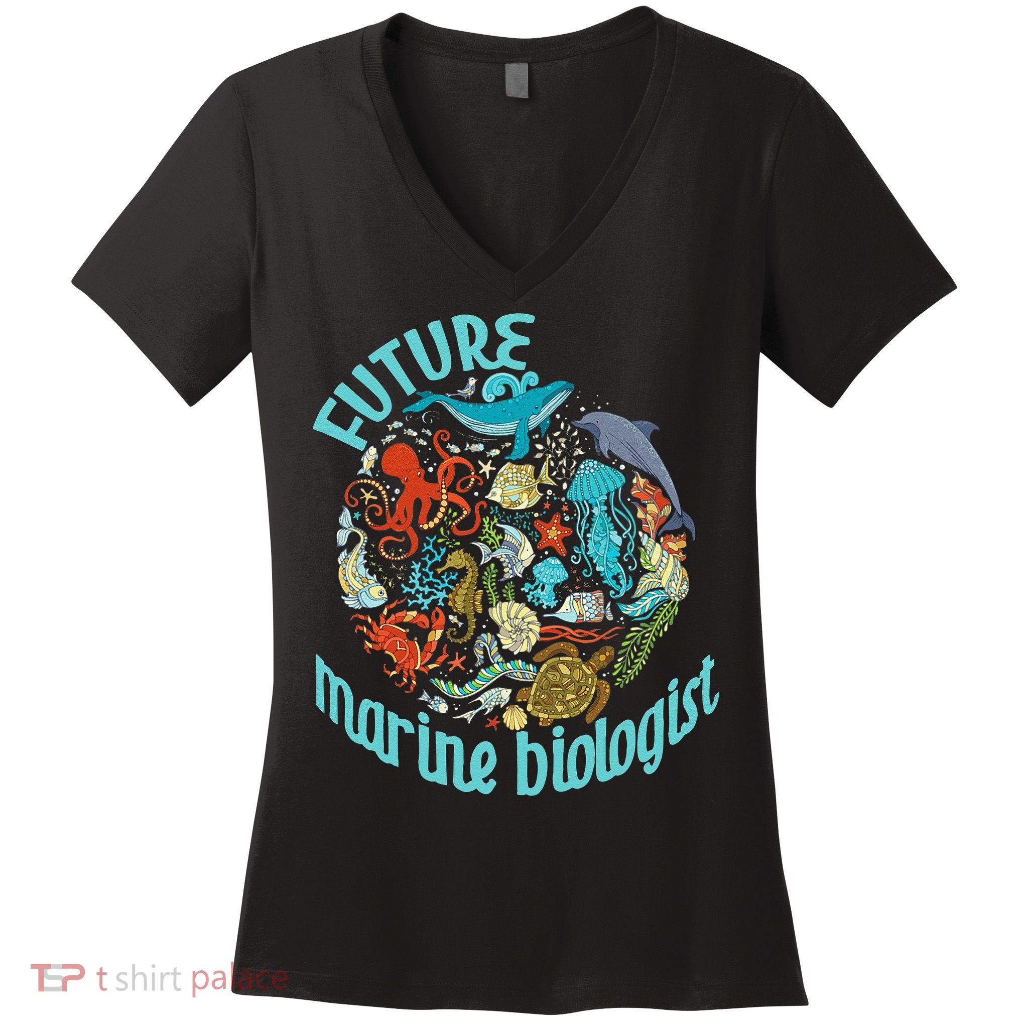 Future Marine Biologist Ocean Life Drawing Whale Octopus Women's V-Neck T-Shirt