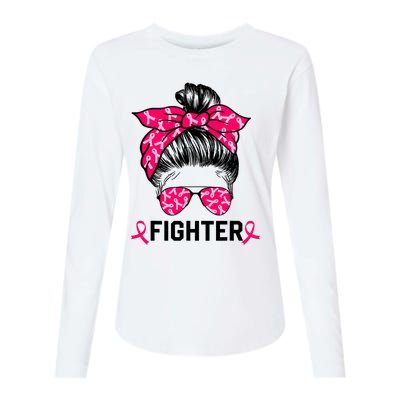 Fighter Messy Bun Breast Cancer Awareness Pink Warrior Womens Cotton Relaxed Long Sleeve T-Shirt