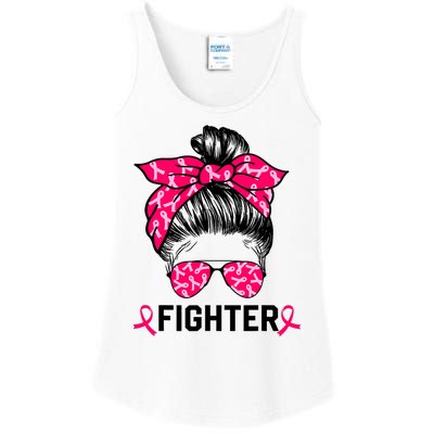 Fighter Messy Bun Breast Cancer Awareness Pink Warrior Ladies Essential Tank