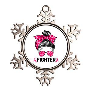 Fighter Messy Bun Breast Cancer Awareness Pink Warrior Metallic Star Ornament