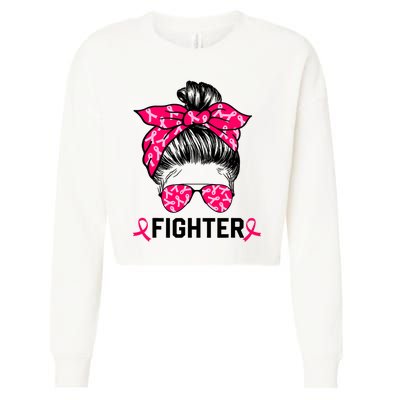 Fighter Messy Bun Breast Cancer Awareness Pink Warrior Cropped Pullover Crew