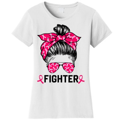 Fighter Messy Bun Breast Cancer Awareness Pink Warrior Women's T-Shirt